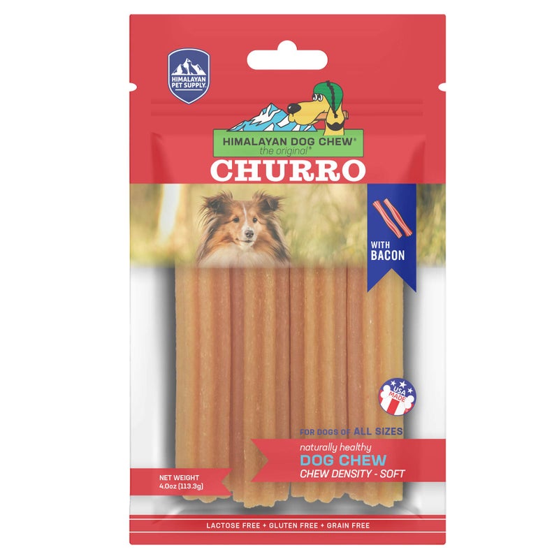 Himalayan Dog Chew Churro Yak Cheese Dog Chews, 100% Natural, Long Lasting, Gluten Free, Healthy & Safe Dog Treats, Lactose & Grain Free, Protein Rich, For All Breeds, Soft, Real Bacon Flavor, 4 Pack - Image 1